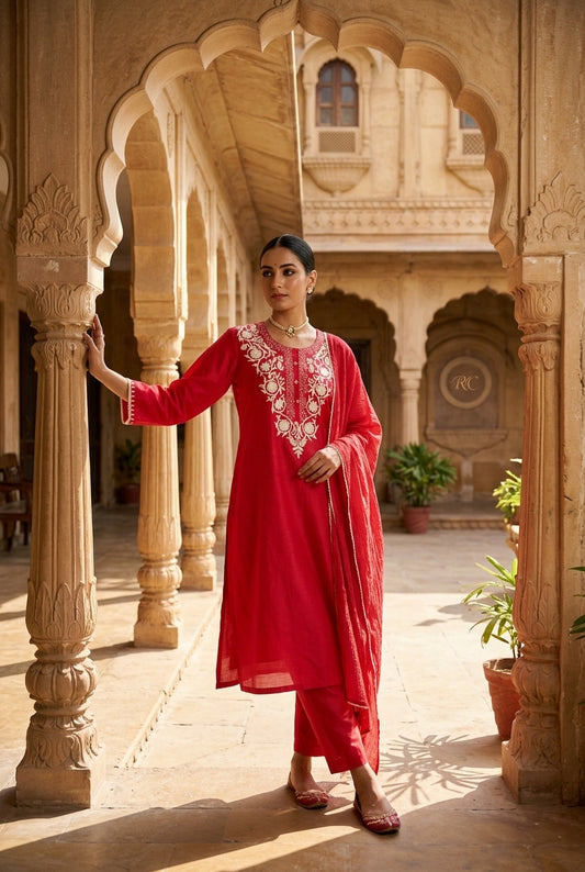 Chanderi Cotton Readymade Ladies Suit - Architectural Haveli Shoot